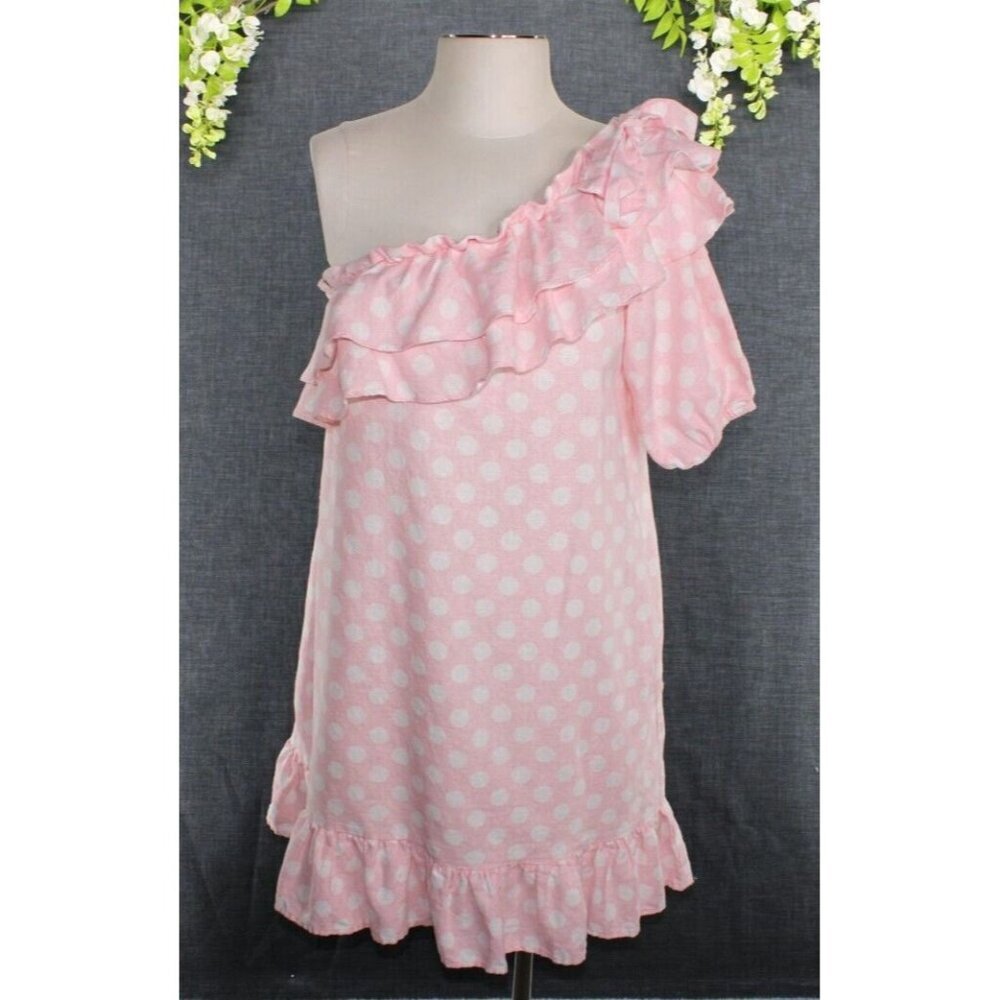 Lisa Marie Fernandez Target Pink Polka Dot One Shoulder Dress Linen Blend Sz S